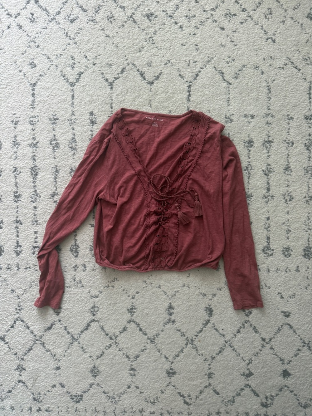 American Eagle Outfitters Mauve Rose Lace Tie-Front Long Sleeve Top